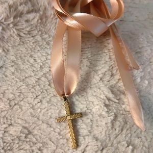 Handmade Ribbon Necklace with Vintage Gold Cross Pendant